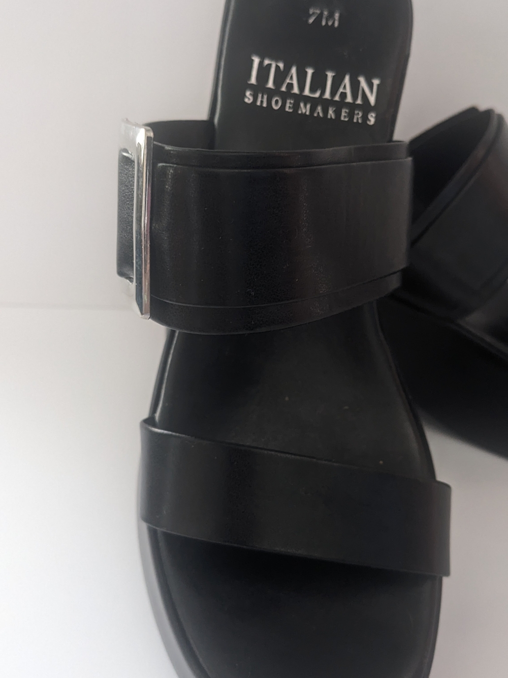 Italian Shoemakers Black Platform Slide Sandals with Silver Buckle 7 - Picture 2 of 8